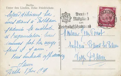 Berlin Unter den Linden, rogu Friedrichstr. — widok ulicy z tramwajem Dunlop i kawiarnią Elphi — wydawca St. B. Seria Novobromi 73 — Rewers