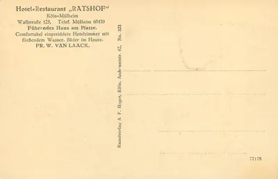 Hotel-Restaurant „RATSHOF“, Colonia-Mülheim — editore A. F. Hager, n° 77178 — Verso