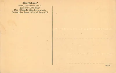 Bürgerhaus, Colônia — sala de jantar — editor desconhecido, n° 66758 — Verso