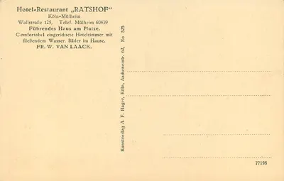 Hotel-Restaurante „RATSHOF“ — Köln-Mülheim — Kunstverlag A. F. Hager, Köln — Verso