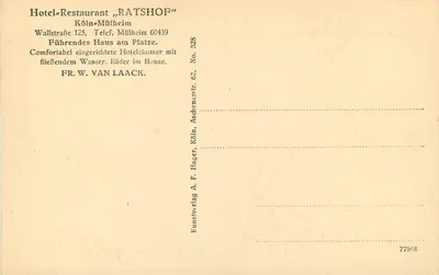 Hotel-Restaurant „RATSHOF“ — Köln-Mülheim — Kunstverlag A. F. Hager, Köln — Verso
