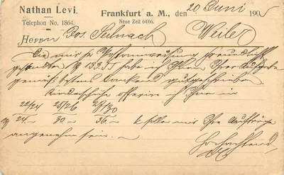 Frankfurt a.M. — Nathan Levi — carta postal datada 20 de junho de 1905