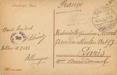 Owce przed chatą z dachem z trawy — Lüneburger Beide — REX, seria 2936/5 — Rewers