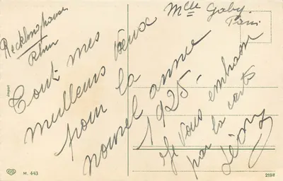 Buquê de hortência e pinheiro — texto alemão — Jmpport, n° 443 — Verso