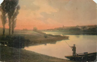 Pescador em um lago ao entardecer — editor Weltpostverein, série Phänomenen