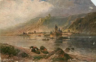 Kaub — vista da Burg Gutenfels e do Reno — Astudin-Karten-Köln, No. 91