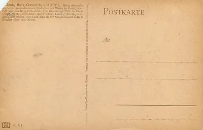 Kaub — vista da Burg Gutenfels e do Reno — Astudin-Karten-Köln, No. 91 — Verso