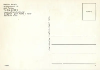 Gasthof Neuwirt — Peiting, Niemcy — Werbe- und Fotoverlag Franz Milz, Füssen/Allgäu, n° 130/540 — Rewers