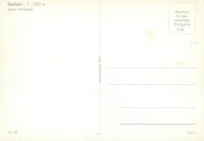 Seefeld i. T. — 1200 m przeciwko Kalkkögel — Alpenverlag Wels, nr 69 — Rewers