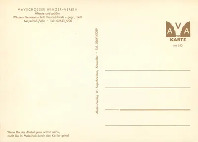 Sala winiarni w Mayschoß — Mayschoßer Winzer-Verein — wydawca AVA KARTE, nr AW 5401 — Rewers