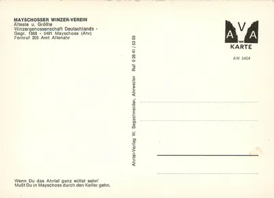 Mayschoss — Jaskinie i zamek Mayschossser Winzer-Verein — wydawca Ahrtral-Verlag, n° AW 5404 — Rewers