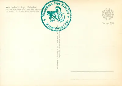 Vista de Walporzheim — Winzerhaus Jupp Kriechel — editor F.G. Zeitz KG — Verso