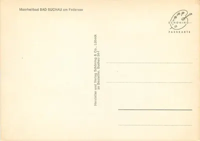 Moorheilbad BAD BUCHAU am Federsee — vista do parque com fonte e crianças — editor Schöning & Co., Buchau — Verso