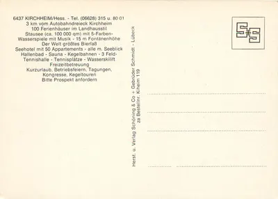 Parque See Kirchheim — vista aérea e atividades lacustres — editor: Verlag Schöning & Co + Gebrüder Schmidt — Verso