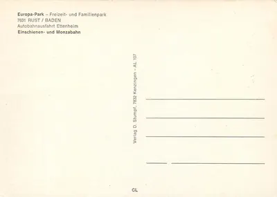 Parque de diversões Europa-Park — Montanha-russa e carros de monorail — Verlag D. Stumpf, Kenzingen — Verso