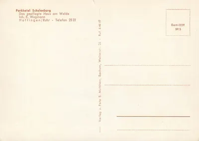Interior luxuoso de um hotel — Parkhotel Schuleburg — editor Verlag B. Mutherr, Bochum — Verso