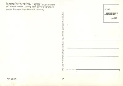 Benedyktynski klasztor Ettal — Oberbayern — wydawca Hans Huber KG, nr 8626 — Rewers