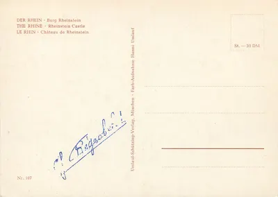 Rhin - Zamek Rheinstein — Umlauf, seria Nr. 107, wydawca Umlauf-Schützting-Verlag, München — Rewers