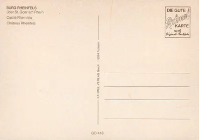 Castelo de Rheinfels — ruínas sobre colina arborizada — Rahmel Verlag GmbH, série GO 416 — Verso