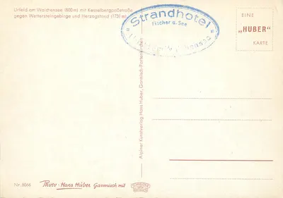 Urfield am Walchensee — visão do lago e do Kesselbergpass — editor Hans Huber, n° 8066 — Verso