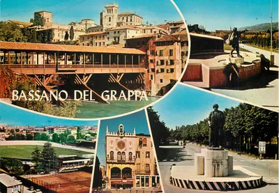 Bassano del Grappa — vista panorâmica com ponte, estátua e edifícios — editor Gross Art