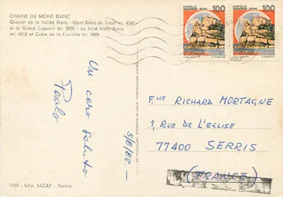 Cadeia do Mont Blanc — Glacier da Vallée Blanc, Mont Blanc du Tacul e Crête de la Fourche — Ediz. SACAT, Torino, n°1268 — Verso