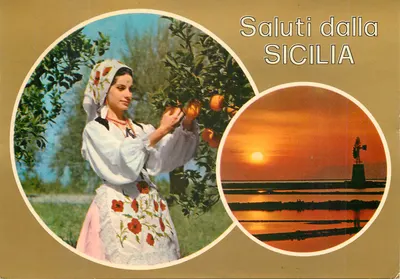 Mulher com traje siciliano — paisagem de pôr do sol — editor G. Milano Dep. n° SIC 73