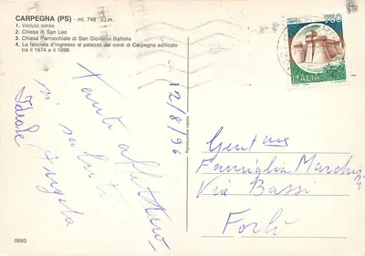 Carpegna — vista aérea, igreja, palácio — editor desconhecido, n°0093 — Verso