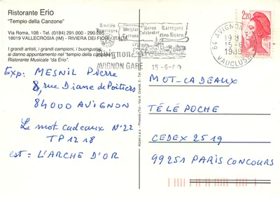 Ristorante Erio — 'Tempio della Canzone' — Avignon, França — Verso