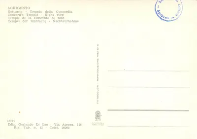 Agrigento — Templo da Concordia — noite — Ediz. Gerlando Di Leo, n° 15764 — Verso