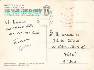 Bilhete postal moderno Conhecer a Sardenha Alghero Porto Conte — Verso