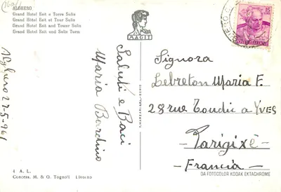 Alghero — Grand Hôtel Esit y Torre Sulis — Concess. M. & G. Tognoli Livorno — Reverso