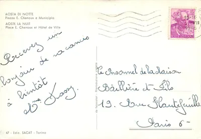 Aoste w nocy — Plac E. Chanoux i Urząd Miasta — Wyd. SACAT - Torino n°47 — Rewers