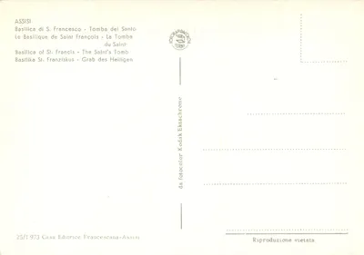 Assisi — Bazylika Świętego Franciszka — Grobowiec Świętego — Wydawca Casa Editrice Francescana, nr 25/1973 — Rewers