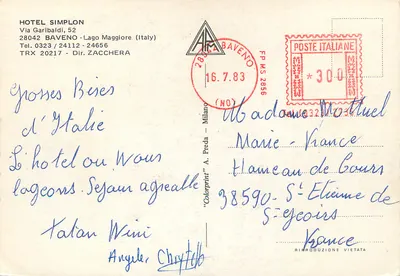 Hôtel Simplon — Baveno, Lago Maggiore — wydawca 'Colorprint' A. Preda — Rewers
