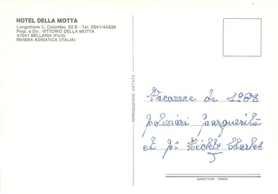 Hotel Della Motta Bellaria — widok plaży, restauracji i salonu — wydawca Garattoni, Rimini — Rewers
