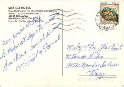 Nowoczesna pocztówka Hotel Bellaria Riviera Adriatica Włochy — Rewers