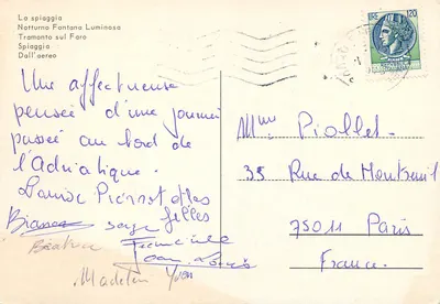 Lido di Bibione — widok plaży, fontanny, fara i miasta — wydawca nieznany — Rewers