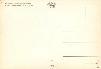 Bordighera — Riviera dos Flores — Visão panorâmica entre os palmazeiros — Casadile Cartoline, n° 109 — Verso