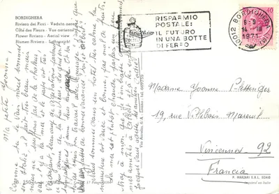 Vue aérienne de Bordighera — Saluti da Bordighera — éditeur P. Marzari S.R.L. Schio — Rewers