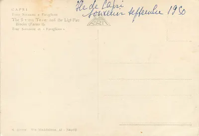 Capri — Torre Saracena e Faraglioni — R. Renza, Via Maddalena, 43 - Napoli — Verso