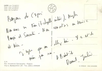 Capri z Faraglioni — widok z drzewa sosnowego — wyd. Vincenzo Carcavallo, nr C/4 — Rewers