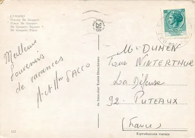 Cassino — Piazza De Gasperi — editor Multigraf Terni, n° 122 — Verso