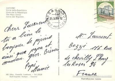 Cassino — Igreja e rua principal — Ediz. Fratelli Lamberti, n°107 — Verso