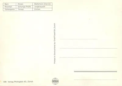 Suíça — panorama turístico — Verlag Photoglob AG, Zürich, n° 496 — Verso