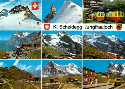 Kl. Scheidegg - Jungfraujoch — Vista panorâmica dos Alpes suíços com trem e picos