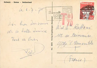 Lucerna, Matterhorn, Cachoeiras do Reno, Zurique, Capela de Tell, Berna, Castelo de Chillon, Jungfraujoch, Interlaken, Lugano — Suíça — Verlag Engelberger, Stansstad, Número 6372 — Verso