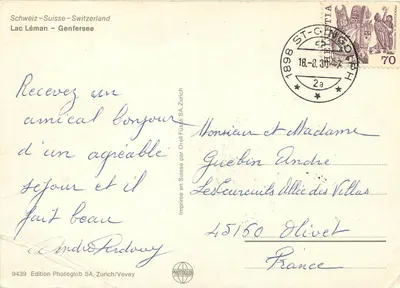 Villeneuve, Chillon, Montreux, Vevey, Lausanne, Ouchy, Nyon, Genève — paisagens do Lago Léman — Edição Photoglob SA, Zurique/Vevey, n°9439 — Verso