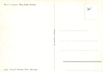 Meiringen. Rzymsko-katolicka świątynia — reprodukcja — Verlag R. Würgler, Fot., Meiringen, nr 243 — Rewers