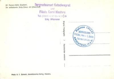 Parsenn-Küblis Descida de esqui — O famoso tiro de Derby mundial com Schwarzkopf — Foto H. F. Schmelz, Ansichtskarten-Verlag, Klosters — Verso